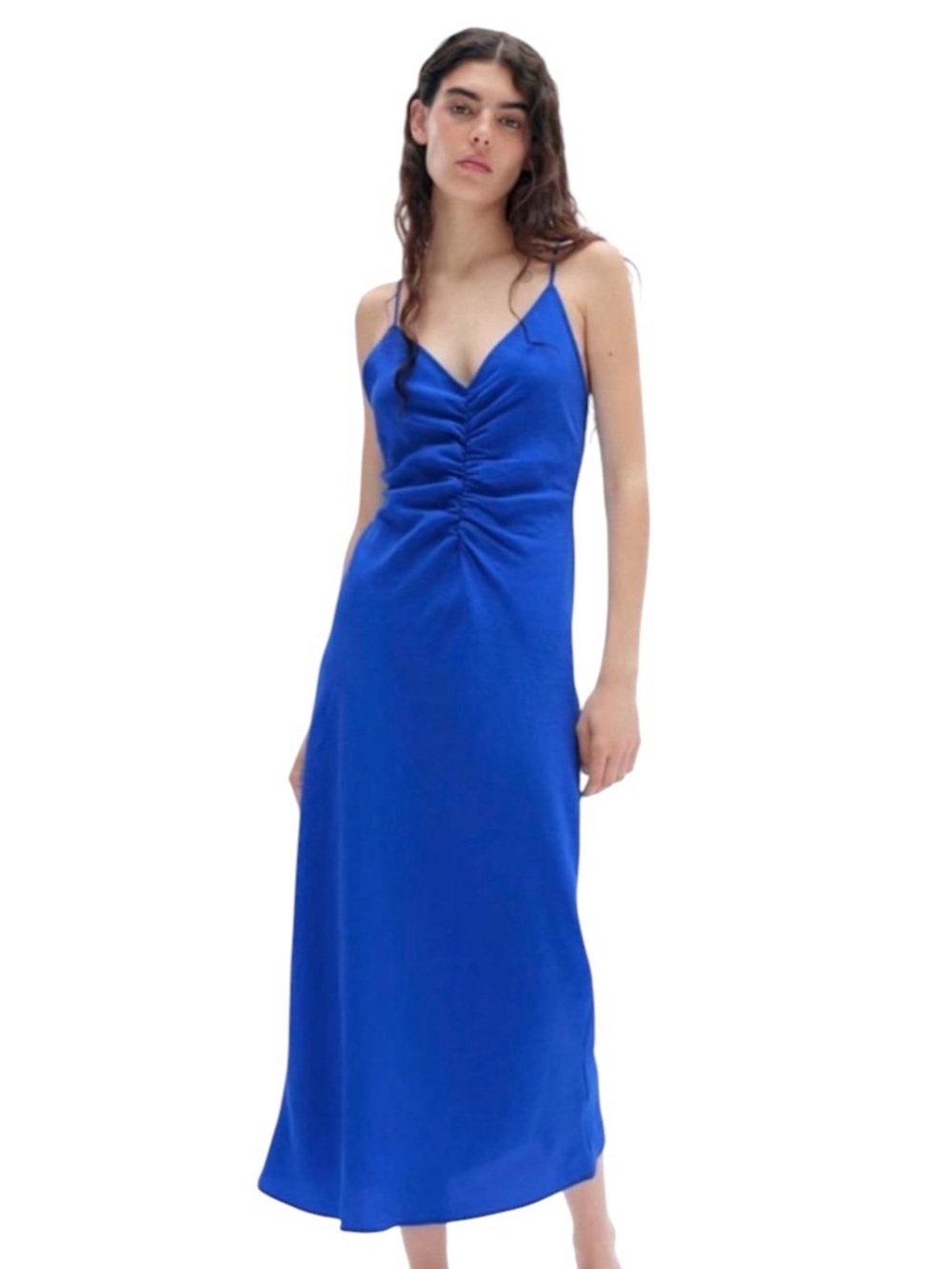 Zara Womesn Medium Cobalt Blue Slip Dress Midi Ruched Minimalist Summer Casual